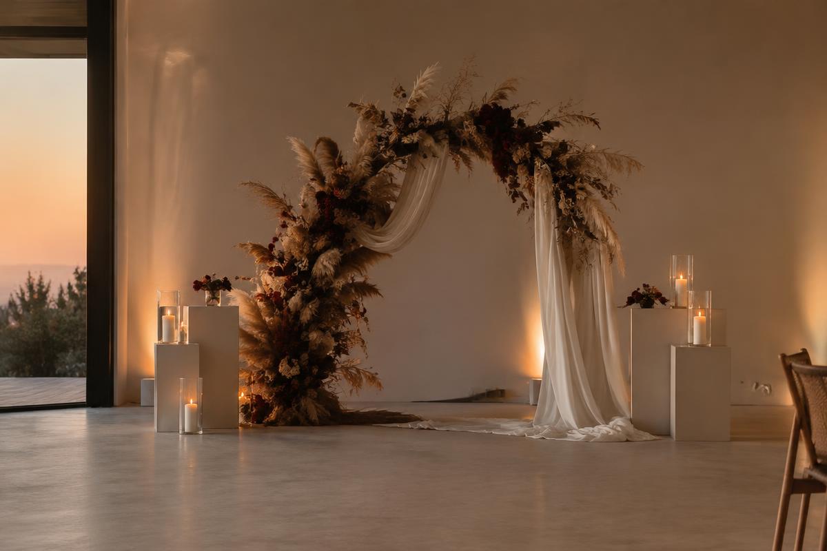Contemporary ceremony arch of dried florals and ivory drapery at dusk