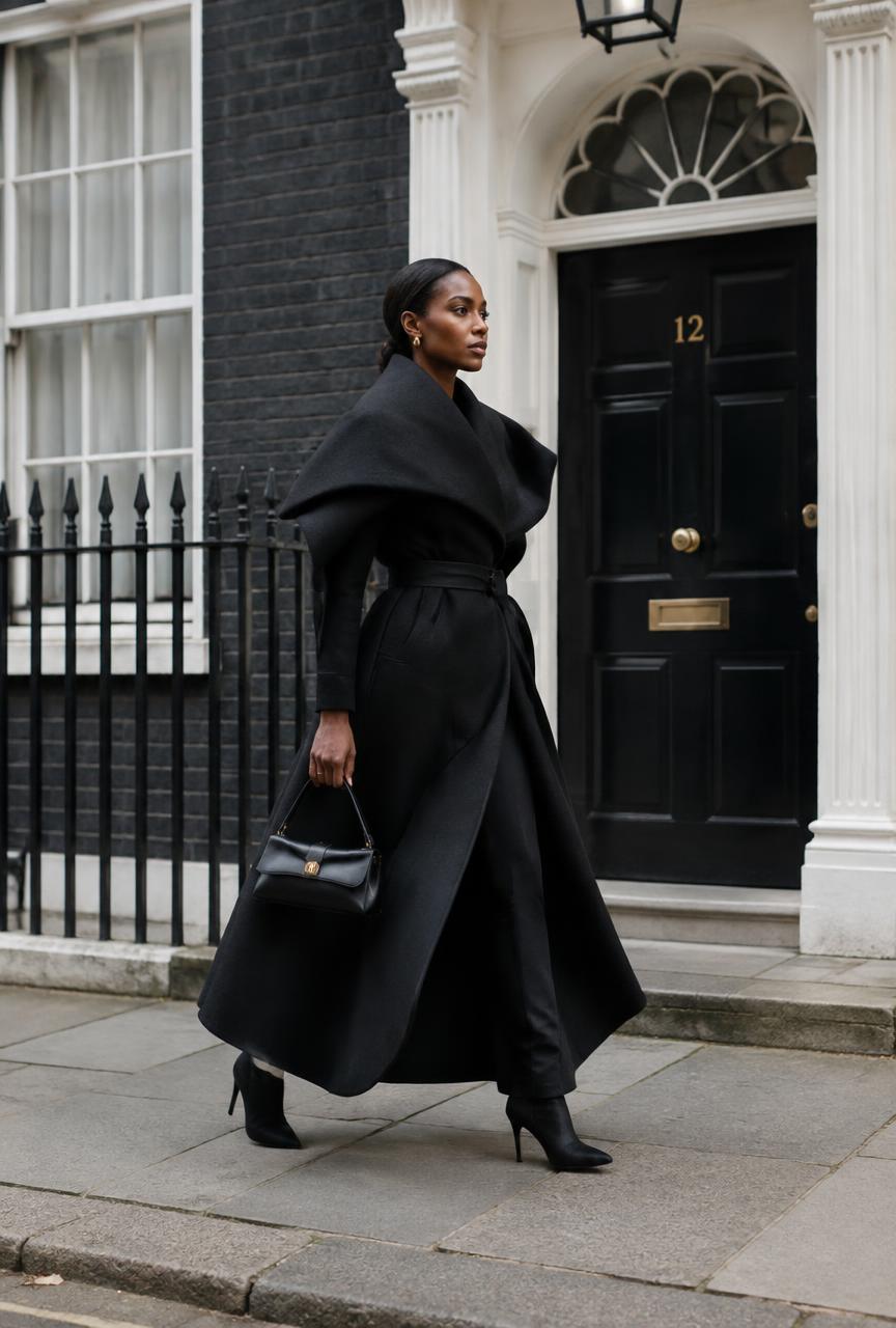 Woman in a sculptural black coat walking past a Georgian London townhouse