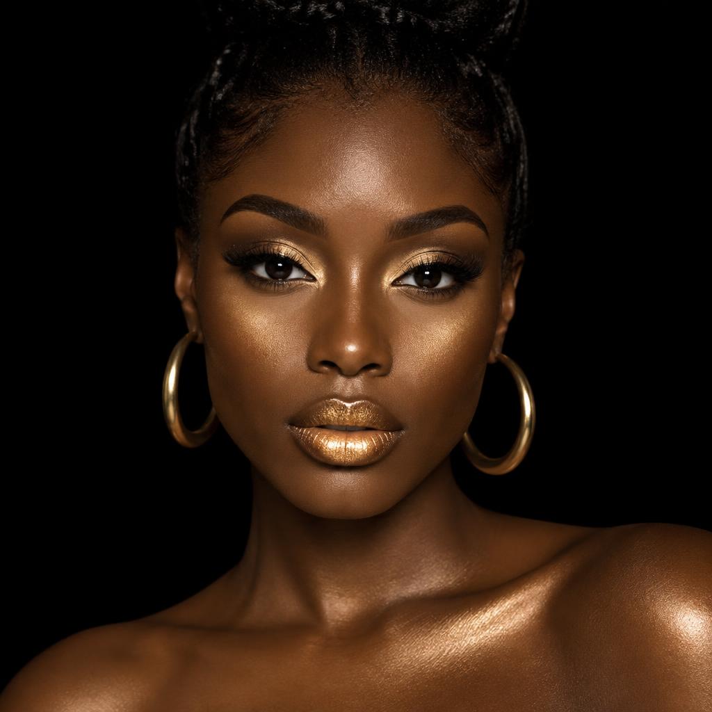 Beauty portrait with gold shimmer lips and gold hoops