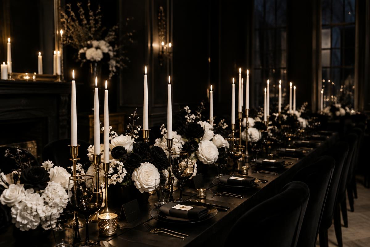 Candlelit black dinner table with white taper candles in gold holders and monochrome florals