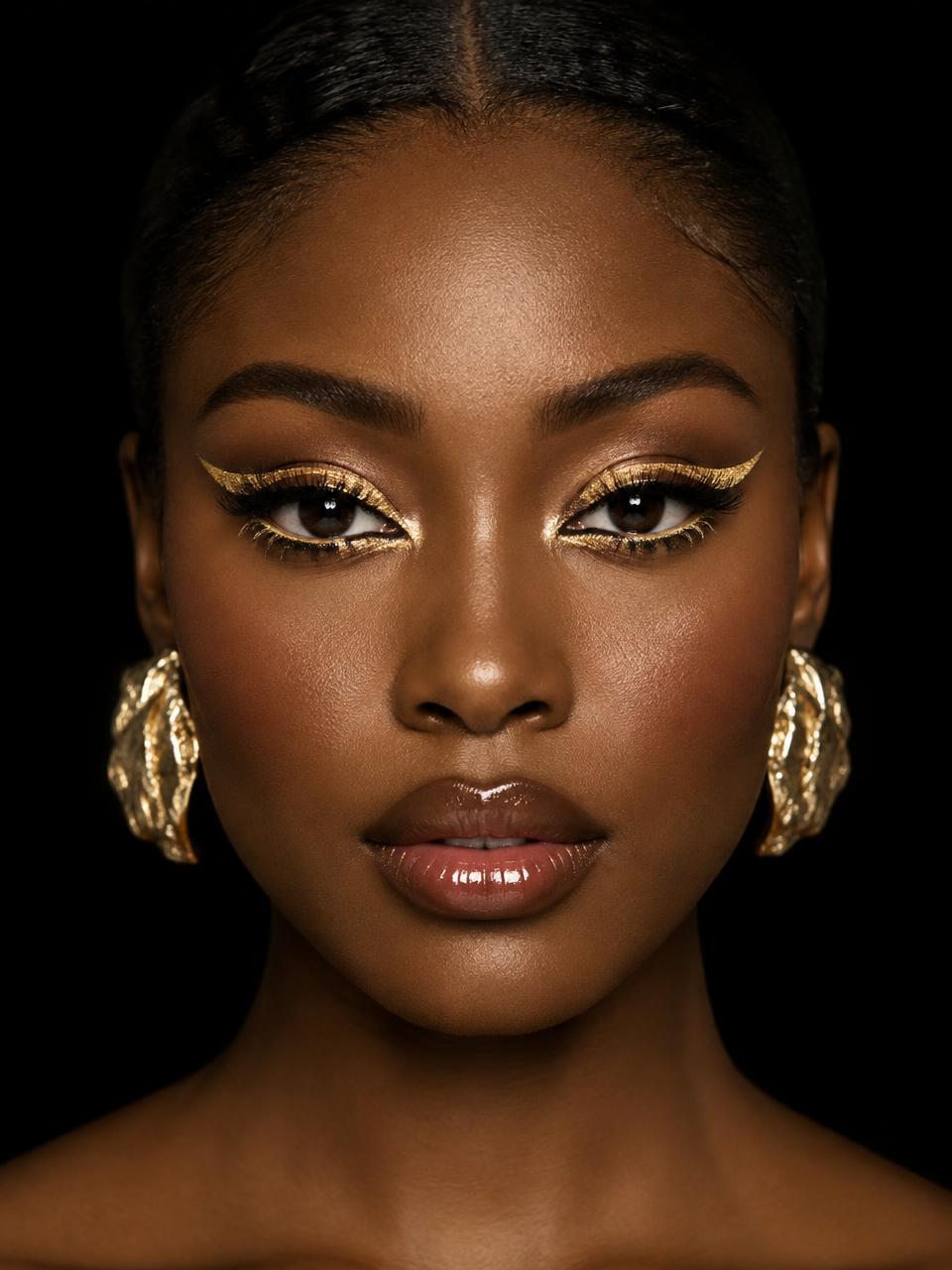 Statement beauty look with graphic champagne eyeliner