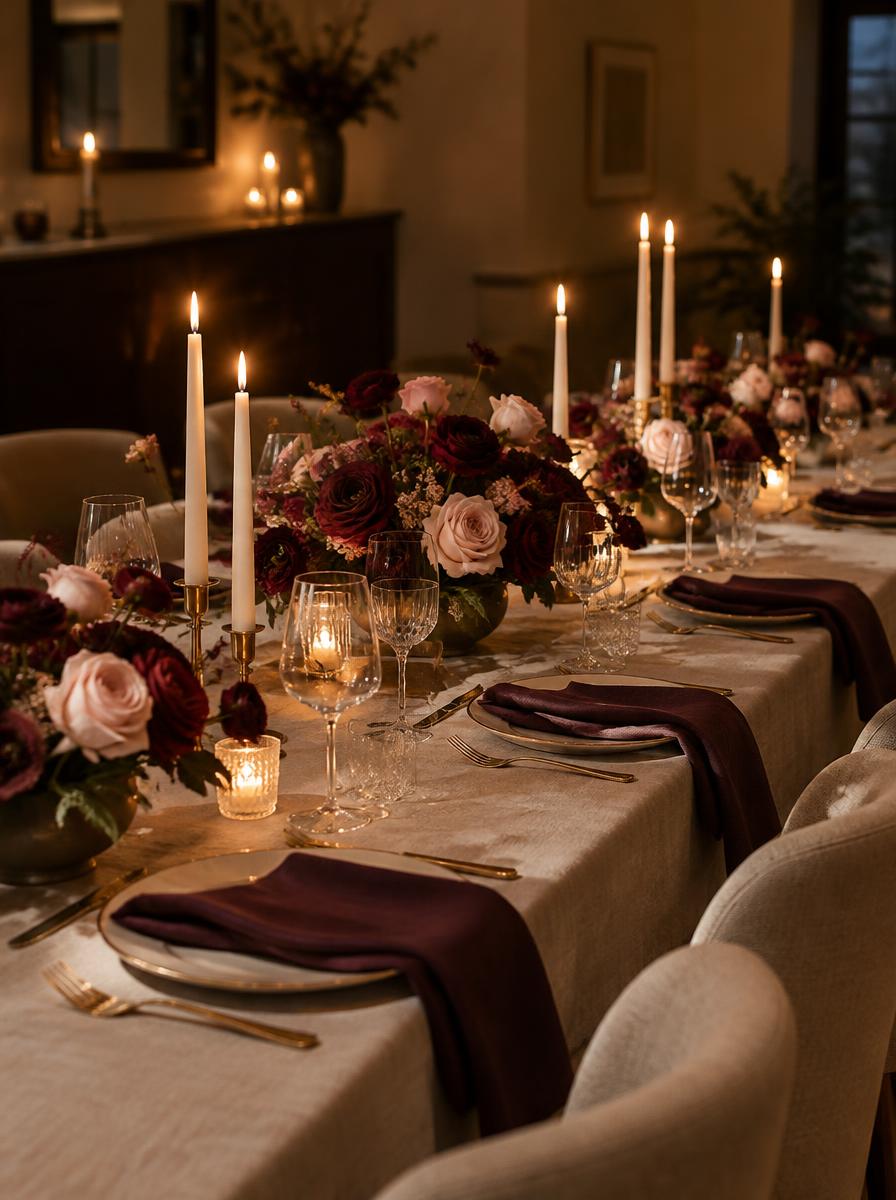 Candlelit dinner table with burgundy and blush roses and aubergine napkins