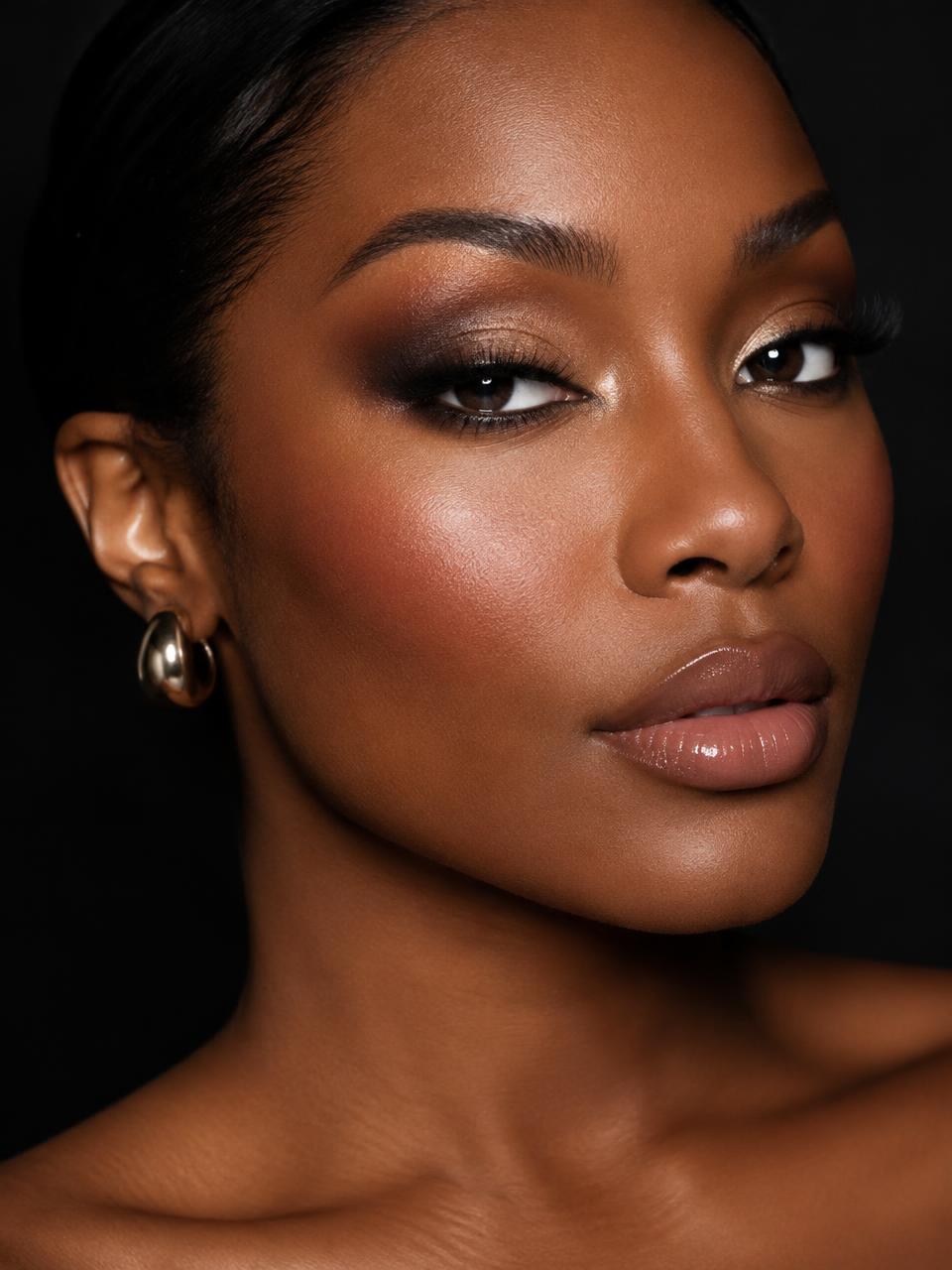 Beauty close-up with bronze eyes and a satin plum lip