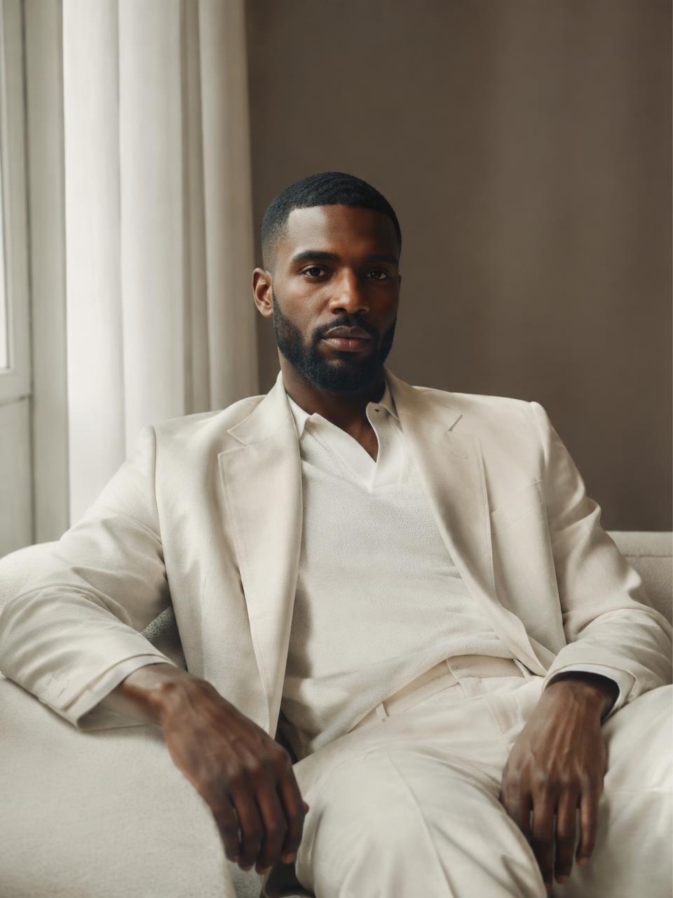 Editorial portrait of a man in a cream suit seated in window light